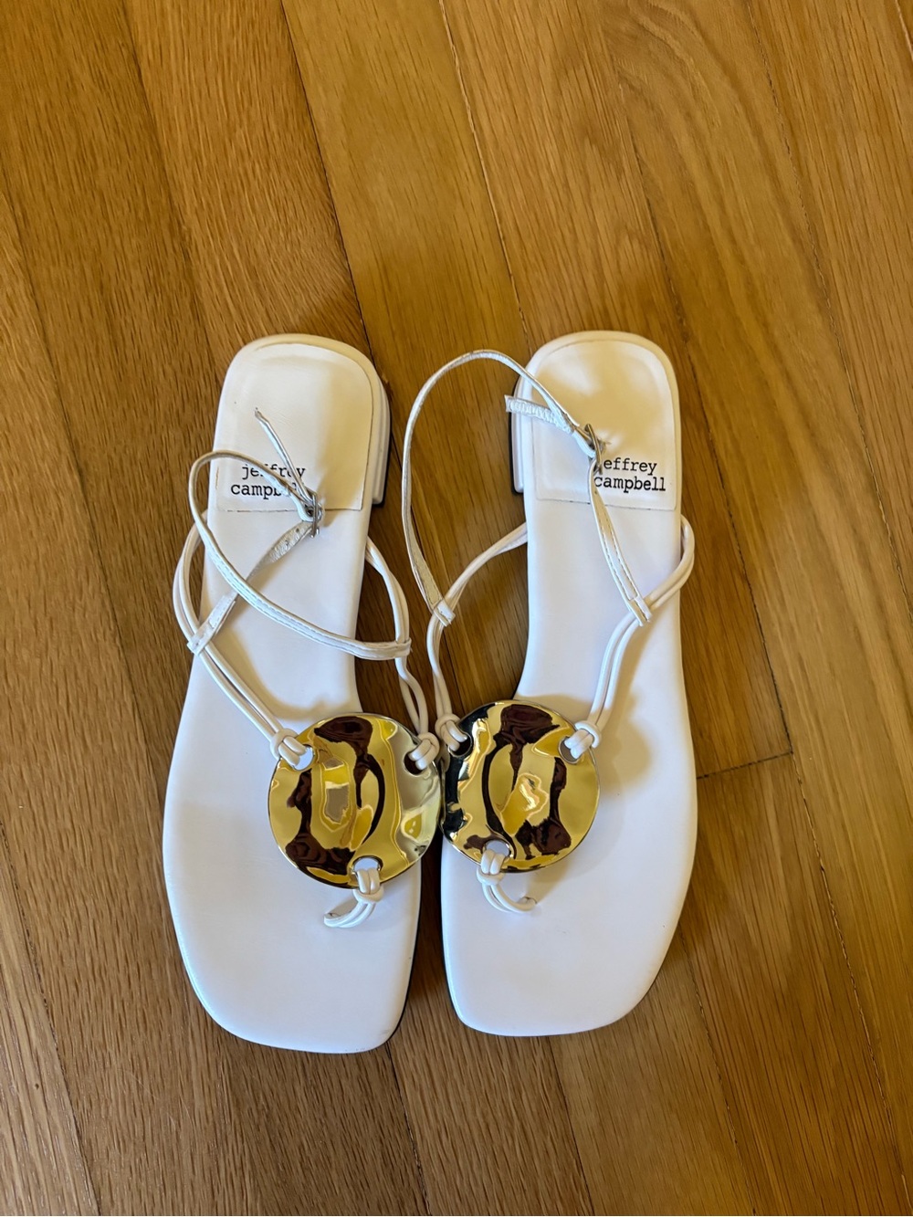 Jeffrey Campbell White Strappy Sandals with Silver Discs